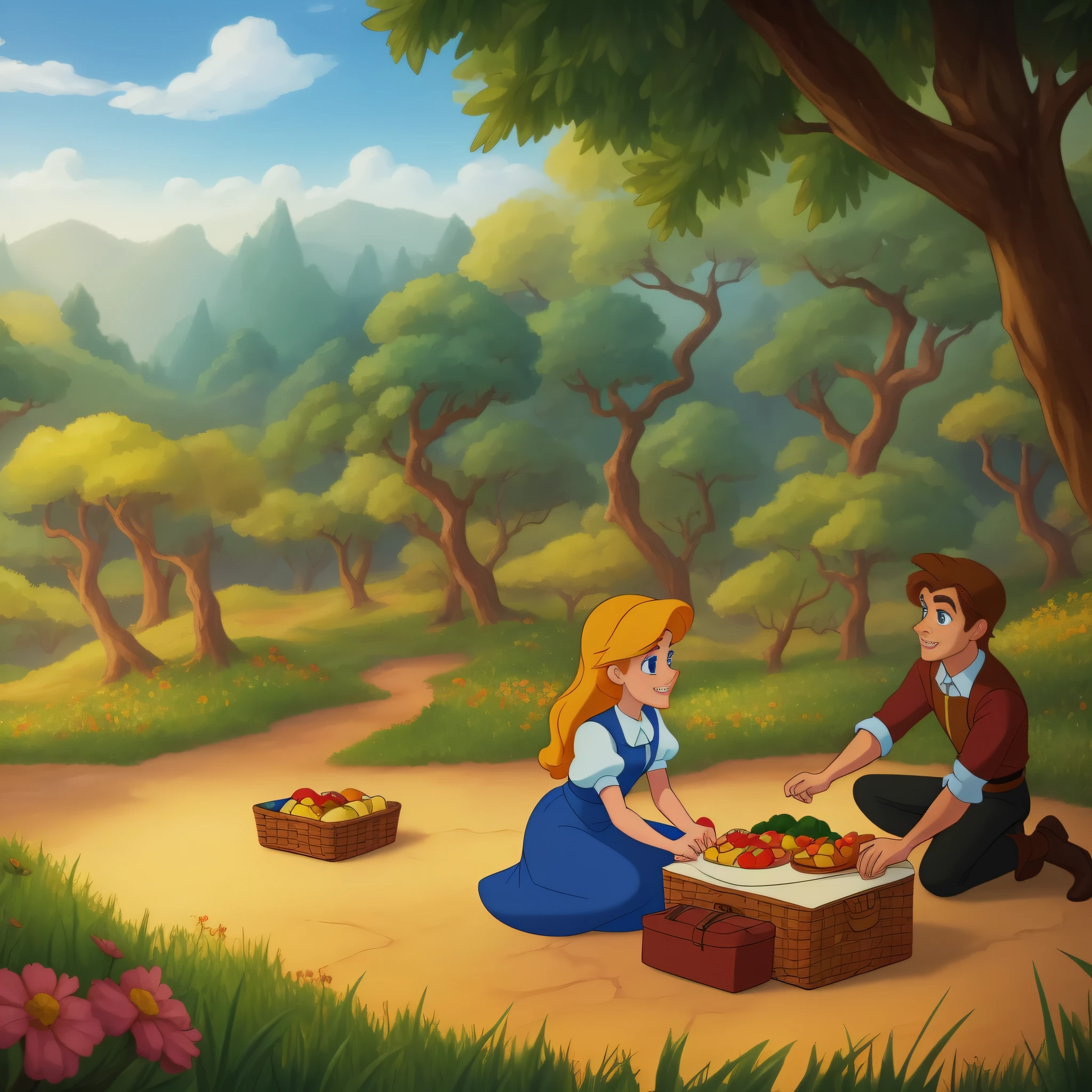 2d animation disney style,Hansel and Gretal, in middle of forest, at noon, day light, picnic, masterpiece, high quality, 1 girl, 1 boy