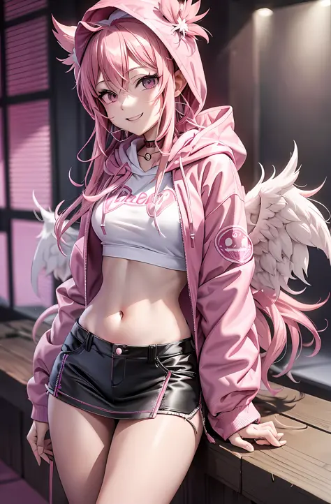 Pink hair. Long hair. Miniskirt. Parka. Earring. Angel wings. Heart-shaped vacant chest. Heart logo. A big smile. Inside the gam...