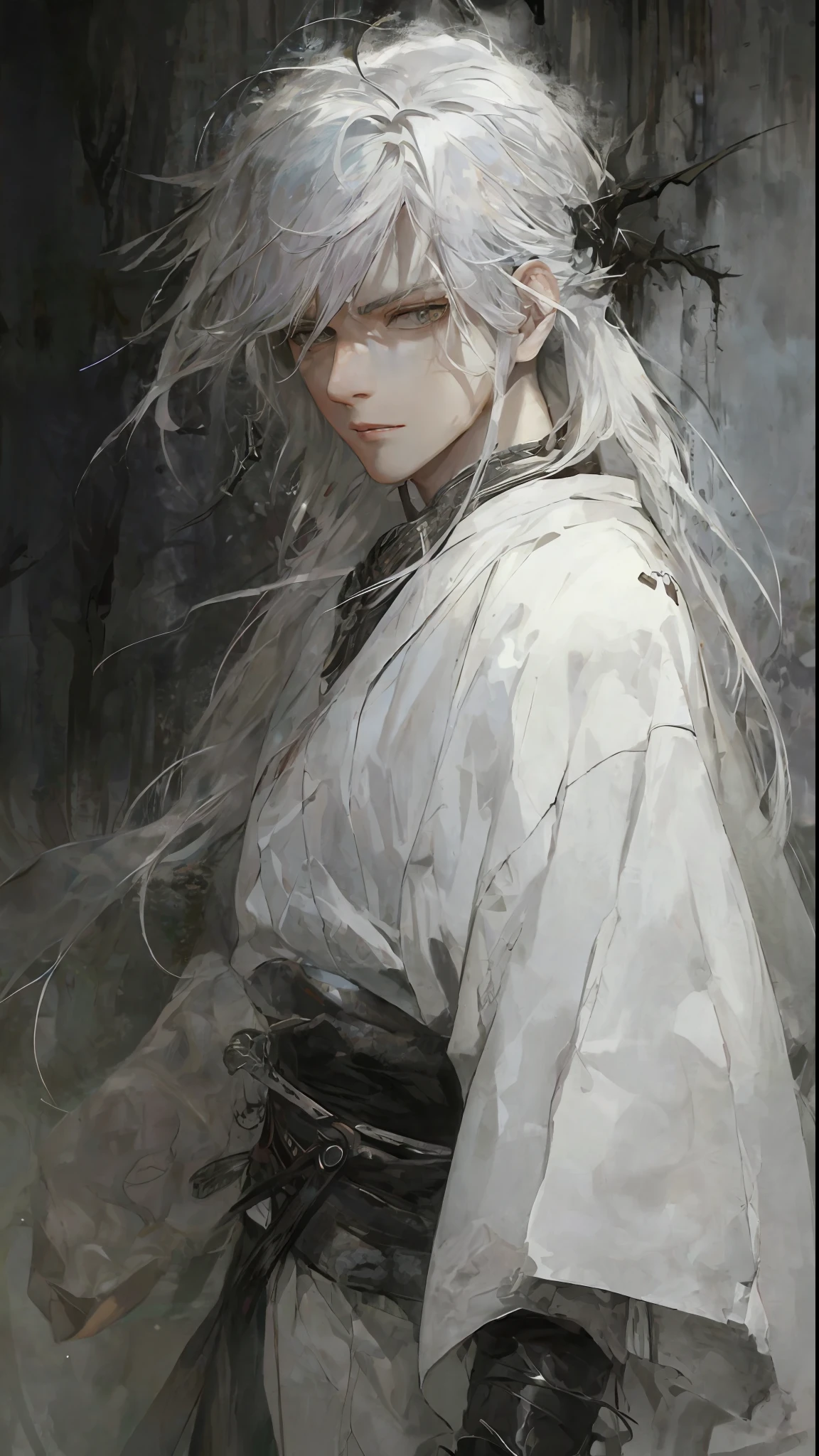 a close up of a person with white hair and a sword, white haired deity, with white long hair, with long white hair, artwork in the style of guweiz, white haired, guweiz, handsome guy in demon slayer art, beautiful character painting, by Yang J, white-haired, guweiz on pixiv artstation, anime character
