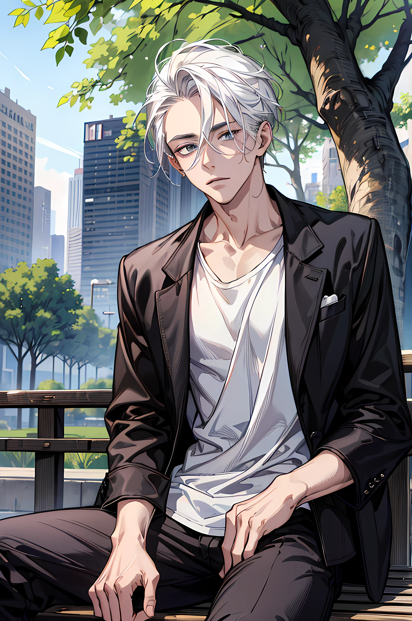 (absurdres, highres, ultra detailed, HDR), masterpiece, best quality, 1boy, solo, handsome, white hair, finely eye and detailed face, forehead, ((loose white t-shirt)), ((black jacket)), look at viewer, ear piecing, sitting on bench, park in background