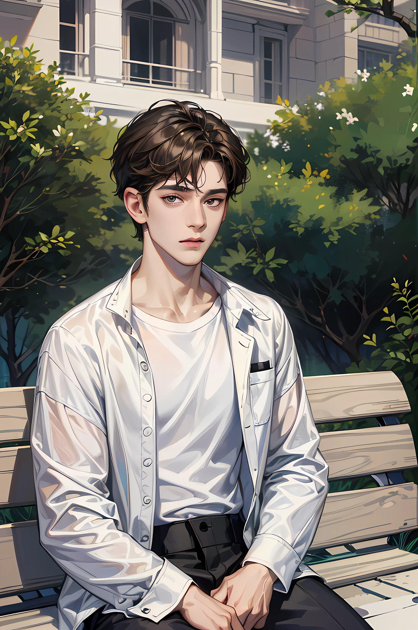 (absurdres, highres, ultra detailed, HDR), masterpiece, best quality, 1boy, solo, handsome, short hair, dark brown hair, finely eye and detailed face, ((loose white t-shirt)), (white jacket), (pale and white skin), look at viewer, ear piecing, sitting on bench, park in background