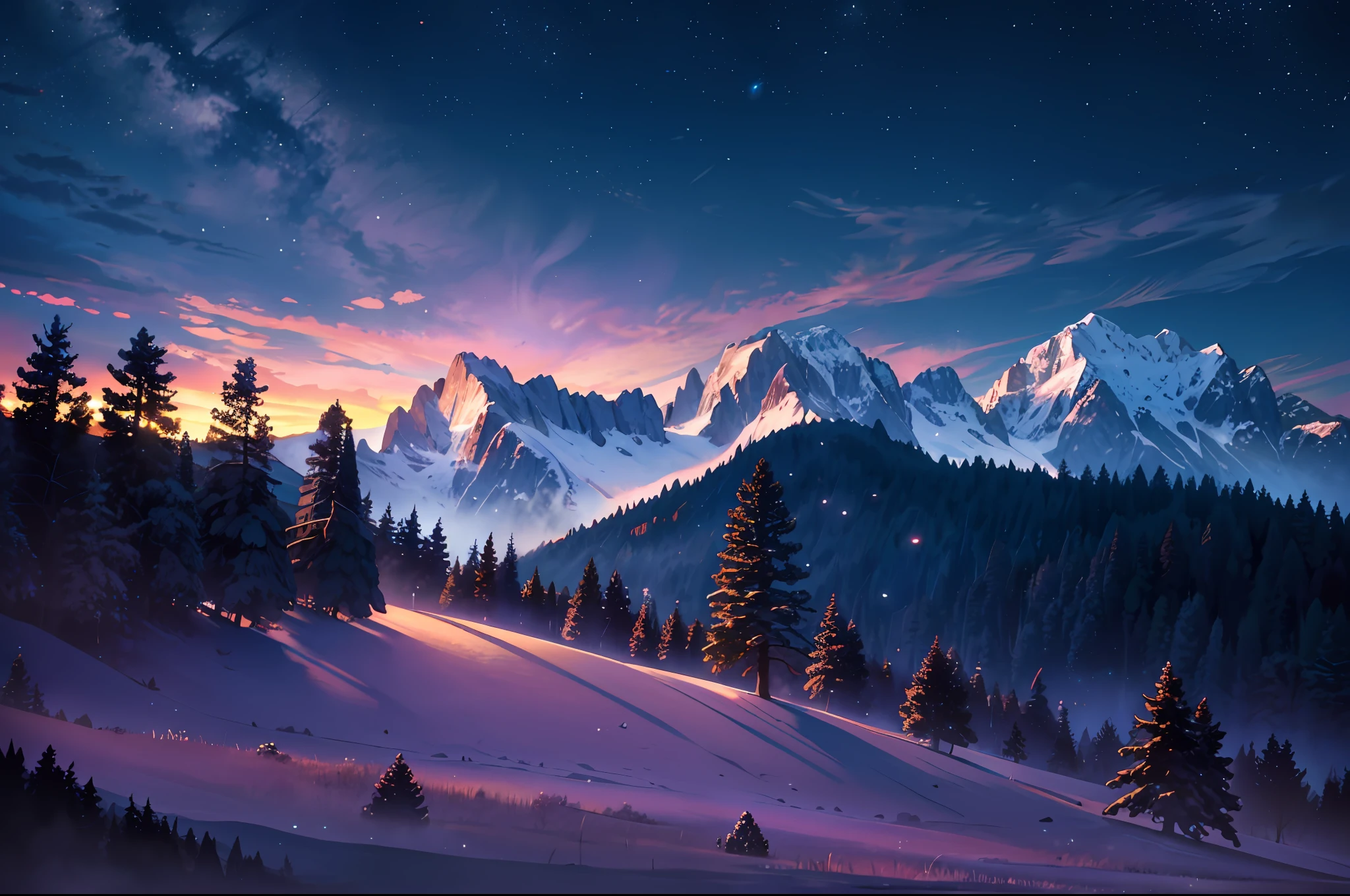 (Masterpiece, best quality: 1.4), cinematic light, colorful, high contrast, landscape, mountain, grass, tree super wide, landscape, alpine, trees, high quality, masterpiece, sharp focus, height detail, photograph, magic, night, dark effect, glow, moonlight,