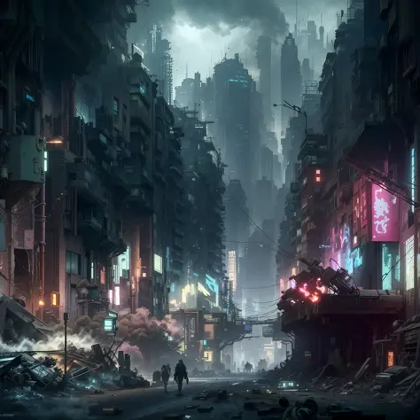 there is a picture of a city street with a lot of buildings, digital concept art of dystopian, dirty cyberpunk city, cyberpunk apocalyptic city, post - apocalyptic city streets, cyberpunk city abandoned, dystopian scifi apocalypse, dystopian cyberpunk city...