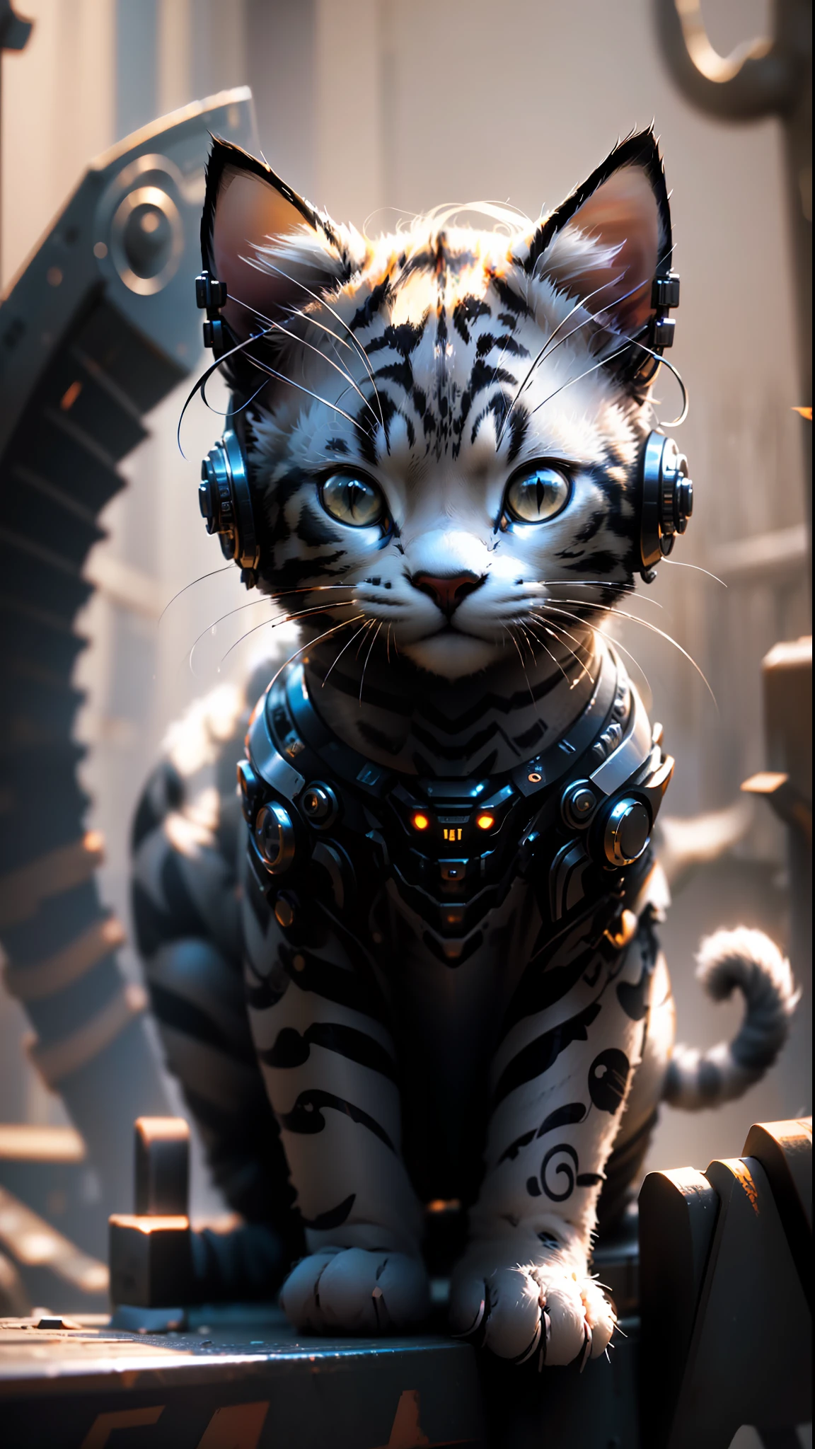 Um gatinho fofo feito de metal, (ciborgue:1.1), ([cauda|decaudaed wire]:1.3), (intricate decauda), hdr, (intricate decauda, hyperdecaudaed:1.2), lente de cinema, sombras de auréola , centrado