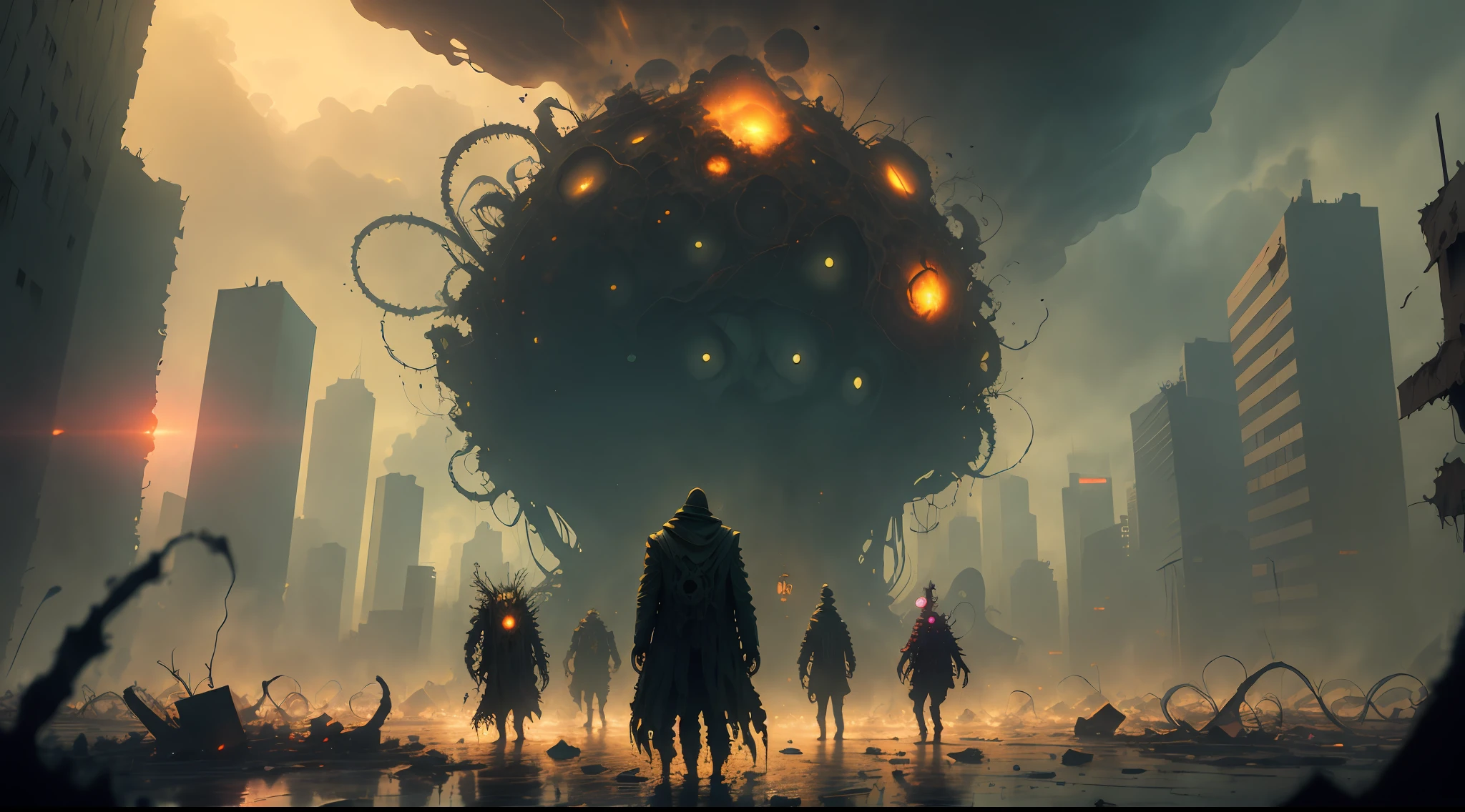 lots of monsters in a destroyed city, cosmic horror background, tentacles, dark mood, dark ambient, night, horror, blood, terrific, fear, panic, despair