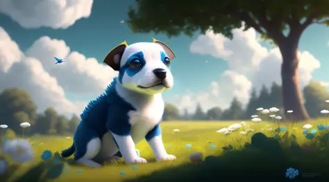 cute (dicuki:1.1) portrait as (puppy:0.9), digital art, meadow, big tree, blue sky and white clouds, trending artstation, 4k, hi...