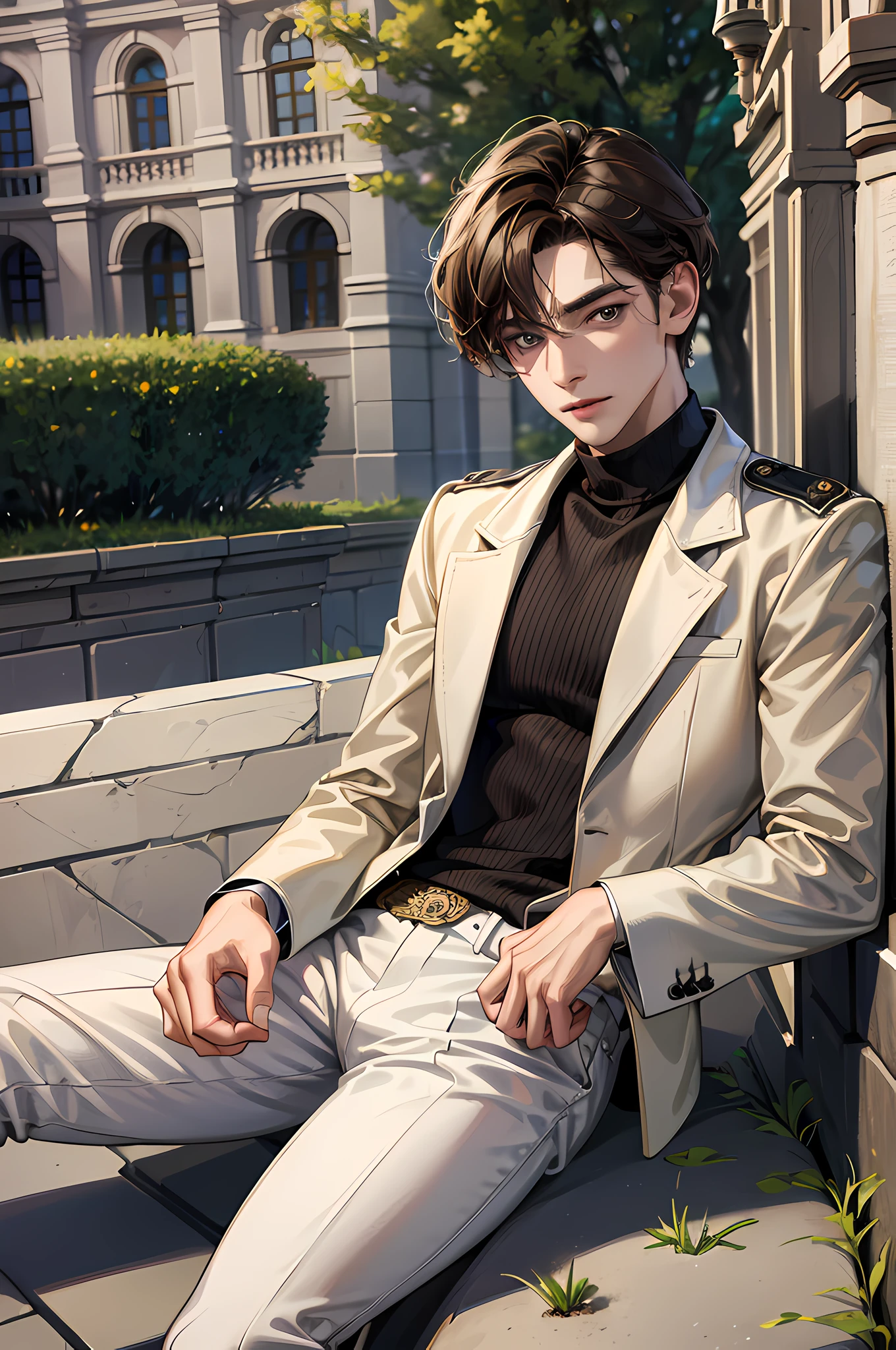 (absurdres, highres, ultra detailed, HDR), masterpiece, best quality, 1boy, solo, handsome, dark brown hair, finely eye and detailed face, beige turtleneck, (pale and white skin), look at viewer, ear piecing, sitting on bench, park in background