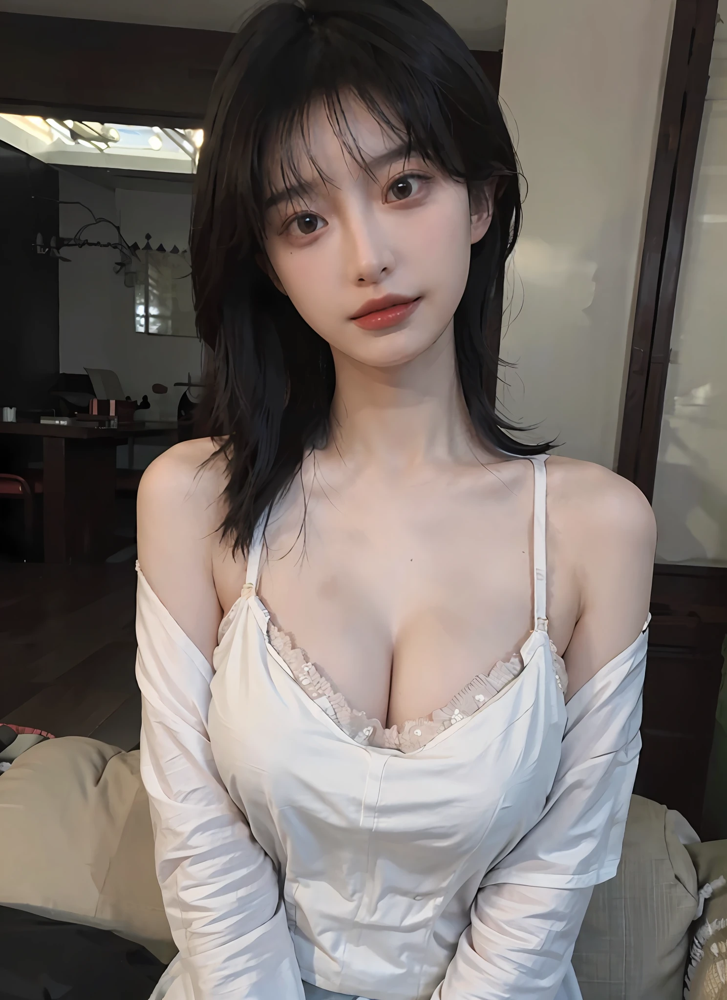 Best quality,masterpiece,ultra high res,(photorealistic:1.4),1girl,sexy,(blouse:1.2),(bra:1.2),(large breast:1.3),(upper body:1.4)