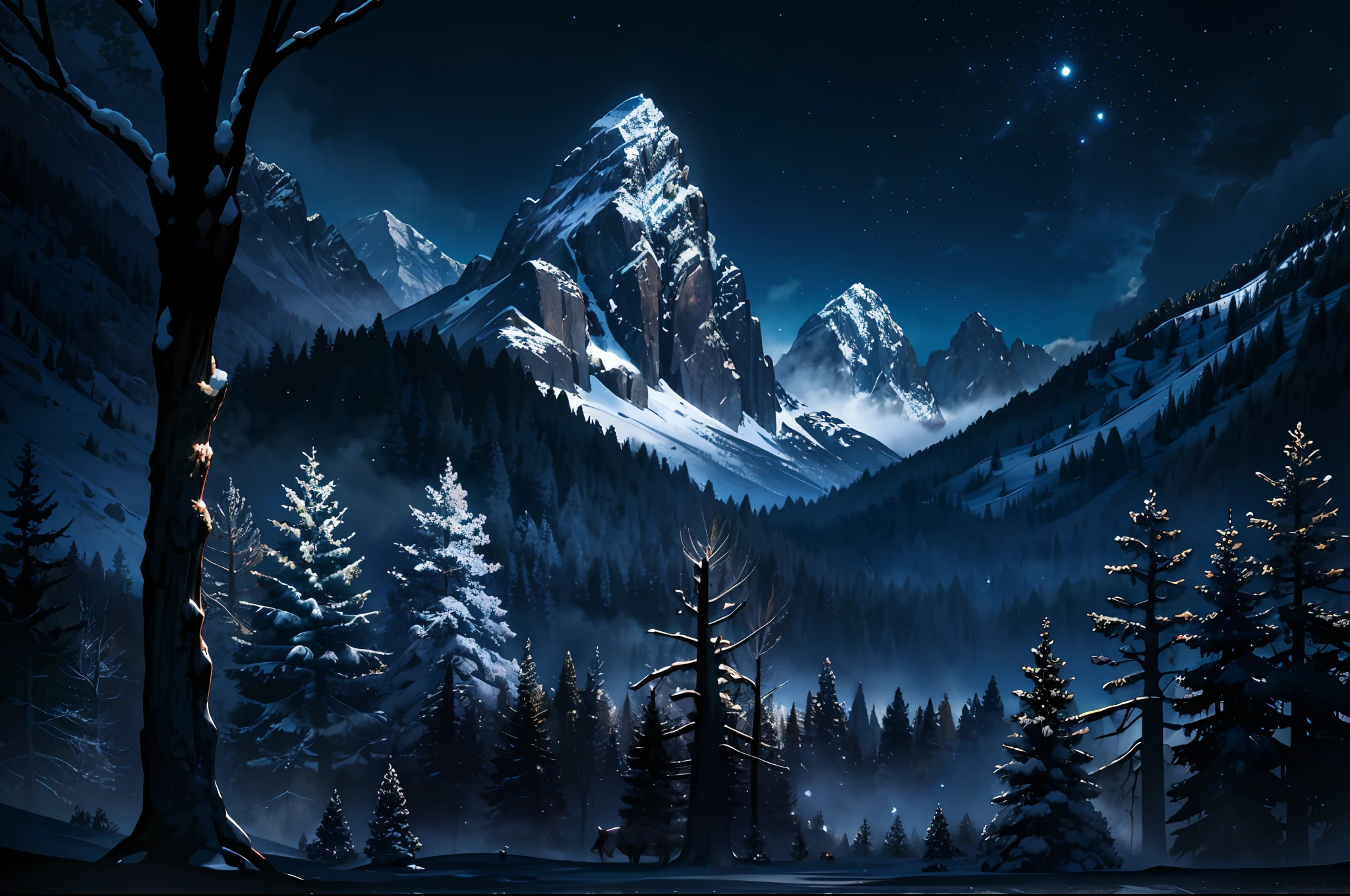 (Masterpiece, best quality: 1.4), cinematic light, colorful, high contrast, landscape, mountain, wooded, jungle, landscape, alpine, trees, high quality, masterpiece, sharp focus, high detail, photograph, magic, night, dark effect, glow, moonlight,