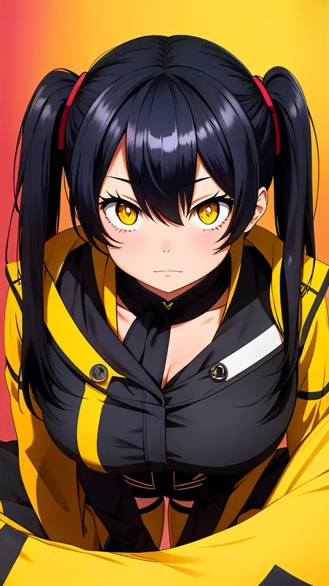 (tamaki kotatsu),, from below, facing viewer, face close up, no cleavage, yellow eyes, black hair, twintail, busty, solid backgr...