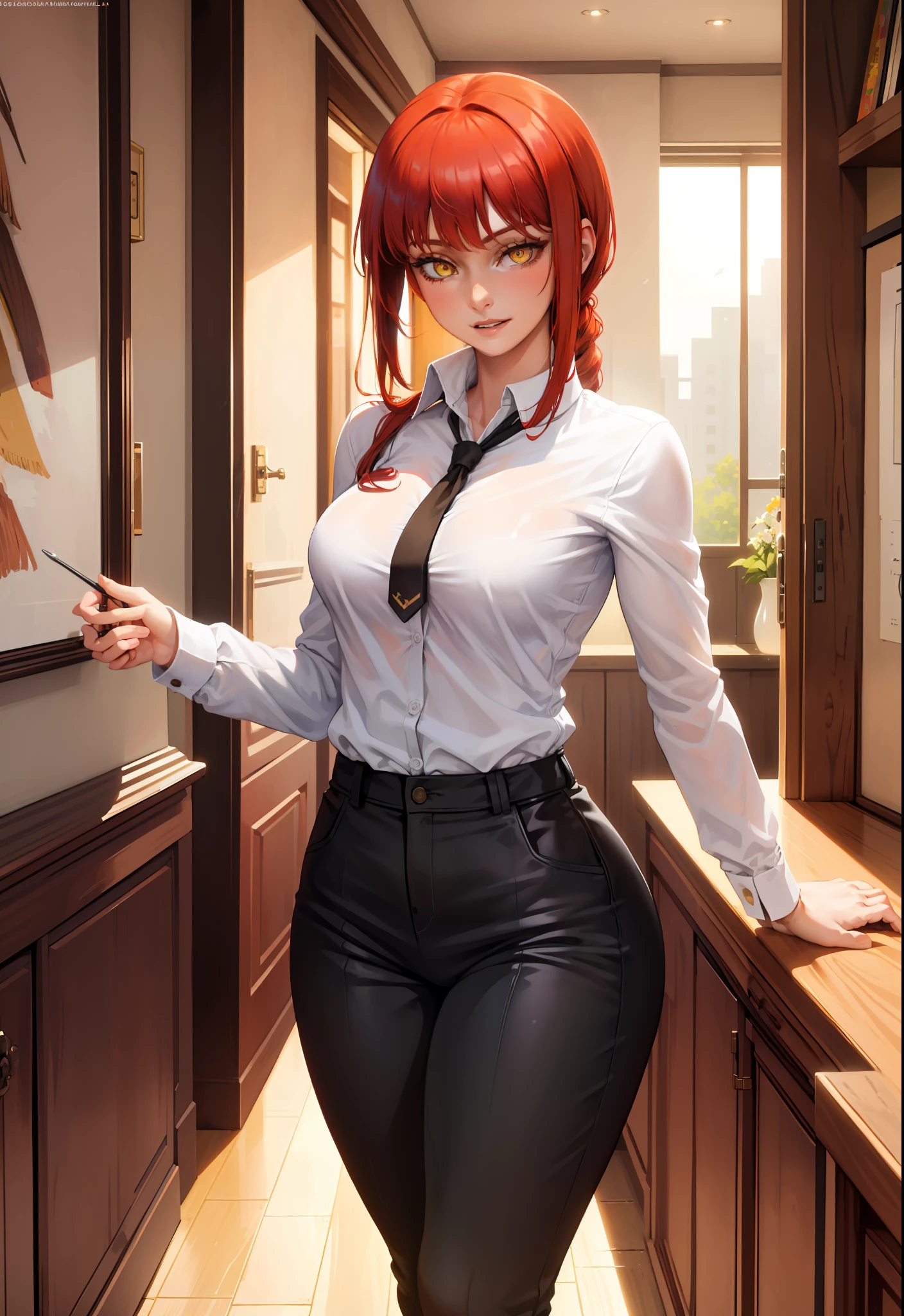 (masterpiece, best quality:1.2), solo, 1girl, red hair, yellow eyes, makima,, unbuttoned shirt with collar, on the chest, a lot of, black unbuttoned pants, wide hips,