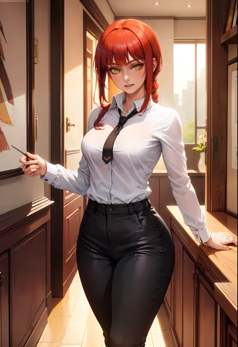 (masterpiece, best quality:1.2), solo, 1girl, red hair, yellow eyes, makima,, unbuttoned shirt with collar, on the chest, a lot ...