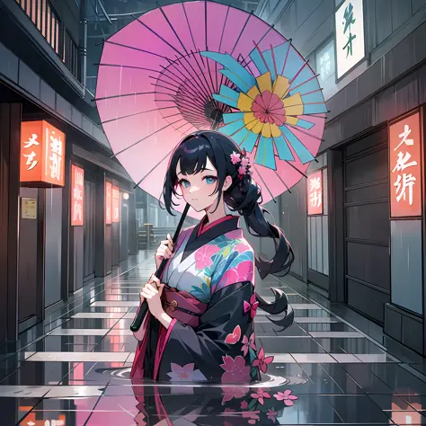 Yukata Female Rainy Day Kyoto LED Signboard Signboard Contents (How about rain shelter?) ) Kyoto city Rain Hairstyle (upstyle) Umbrella Like a poster Japanese Colorful Umbrella is a beautiful shape One girl --auto --s2