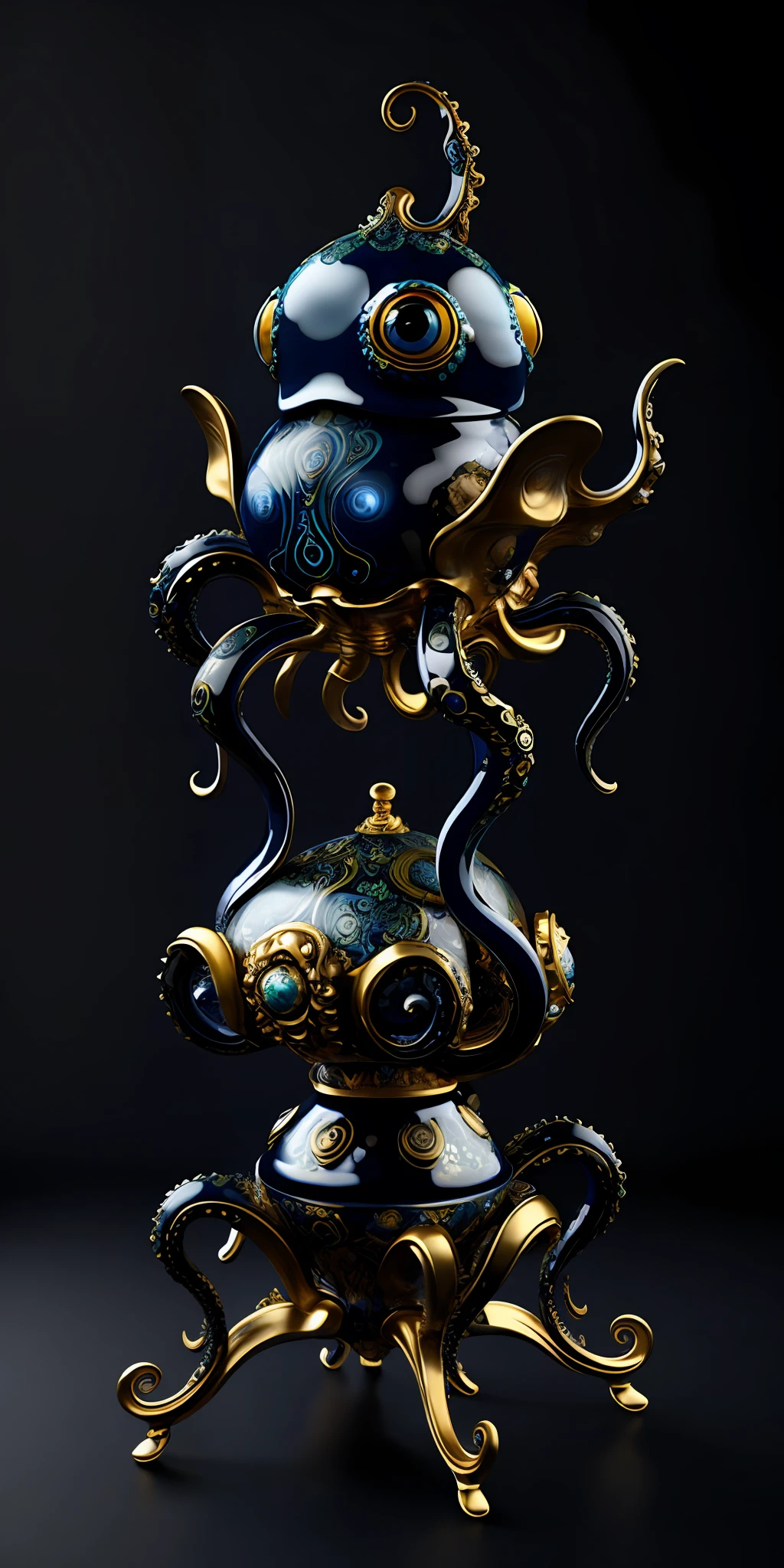 (black  porcelain, Gzhel, rococo:1.0), 

 Octopus - A slimy, eight-legged sea creature with a bulbous head and large, unblinking eyes.