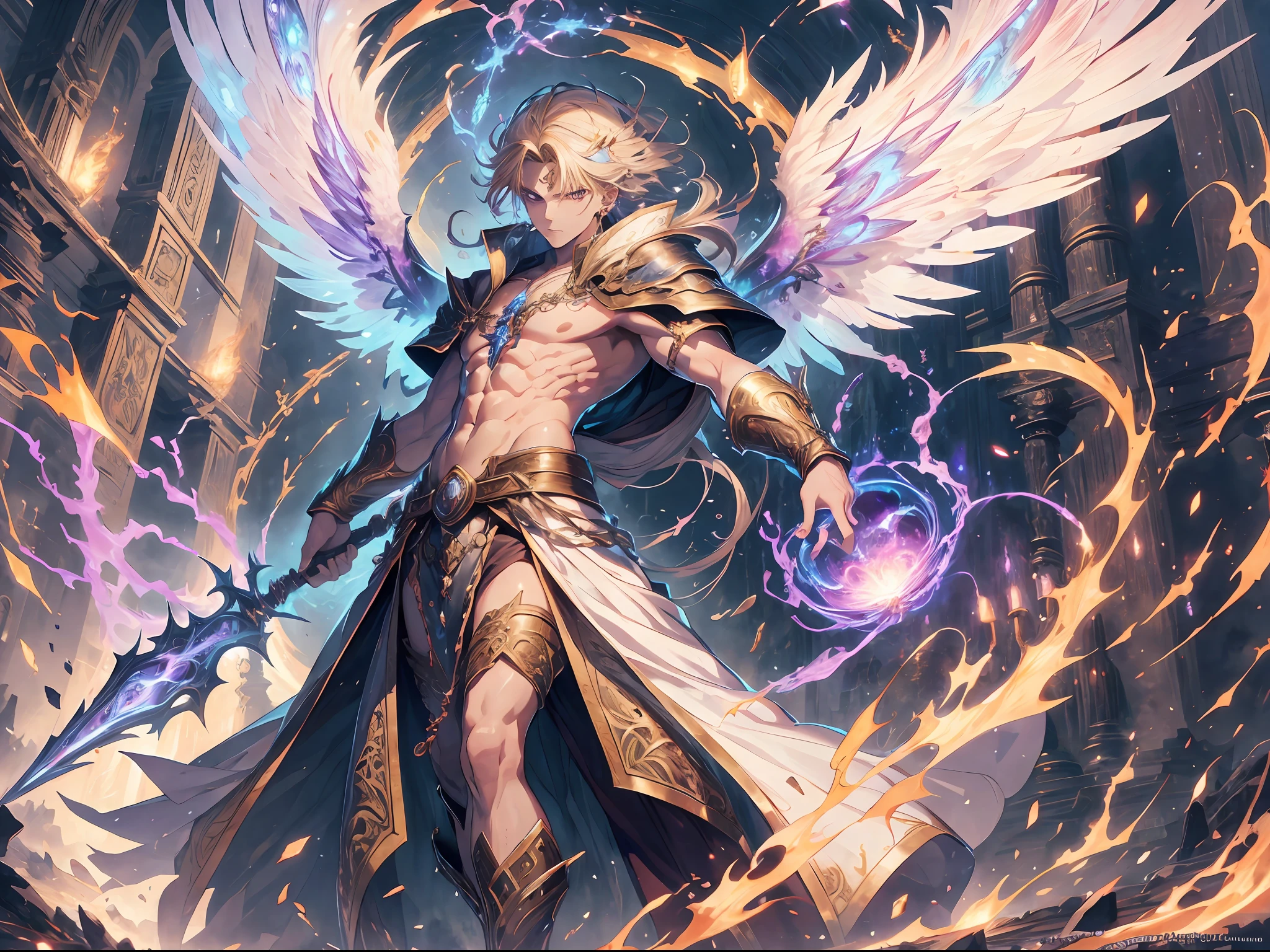 (absurd, high resolution, hyper-detailed, HDR), masterpiece, best quality, a boy in a white robe with a sickle, giant sickle, break, solo, long hair, blonde, red eyes, glowing eyes, fine eyes and detailed face, tall and muscular, bare chest muscles, earrings and accessories, six pairs of angel wings, archangel, full body, heavenly background, fantasy, celestial body, dramatic sky, glowing , blooming, swirl, spark, thunderbolt, magic vortex, ray, golden aura, battle stance, Behind the Dharma