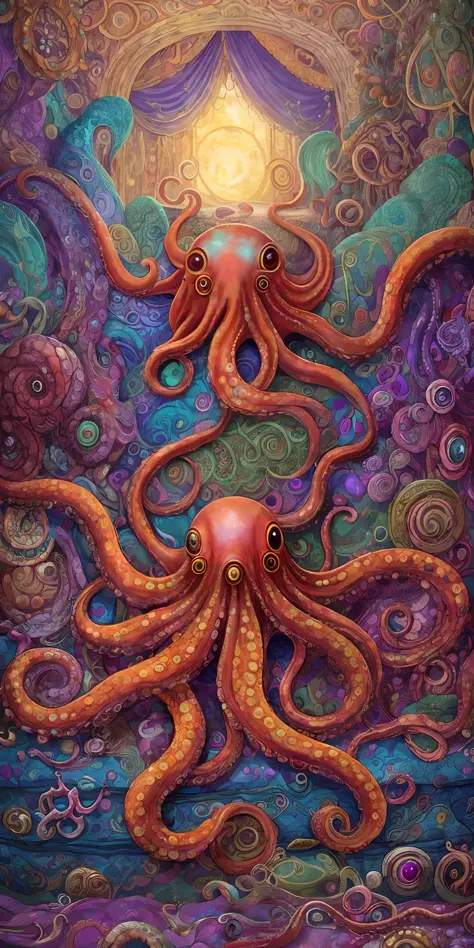 giant octopus lay on old couch, multi many eyes, fractal tint tentacles, smooth shiny colorfully skin, lots of stuffed gems and various clutter and mess in background, intricate, highly detailed