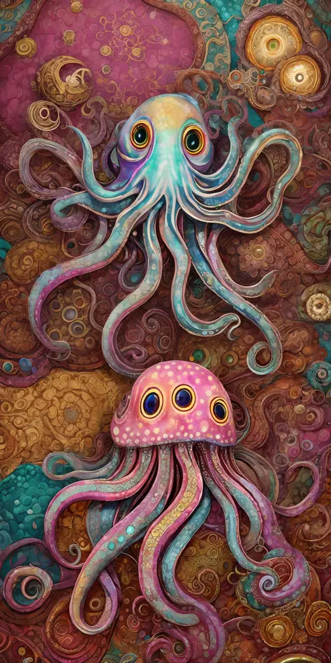 giant octopus lay on old couch, multi many eyes, fractal tint tentacles, smooth shiny colorfully skin, lots of stuffed gems and various clutter and mess in background, intricate, highly detailed