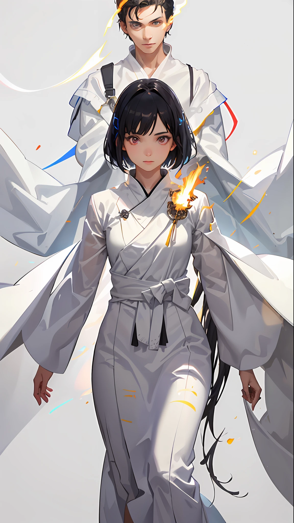 1girl, solo, boy in white robe, glowing eyes, light glowing behind, black hair, masterpiece, best quality, realistic, hyper-detailed, shiny skin, dynamic lighting, high resolution, sharp focus, depth of field