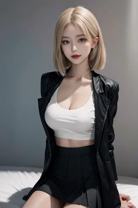 8K RAW photos, 17-year-old cool Korean, big round breasts, cleavage, beautiful abs, sleeveless, short length formal jacket, crop...