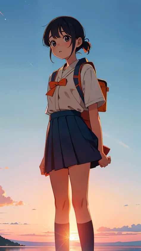 1 girl, standing back to the viewer, facing at the sky, orange blue sky, perfect sky condition, kimi no nawa sky, sunset sky, de...