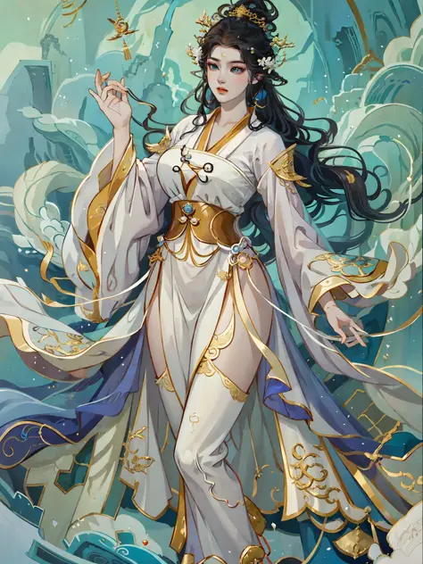 a close up of a woman in a white dress with a sword, full body xianxia, yun ling, queen of the sea mu yanling, game cg, a beauti...
