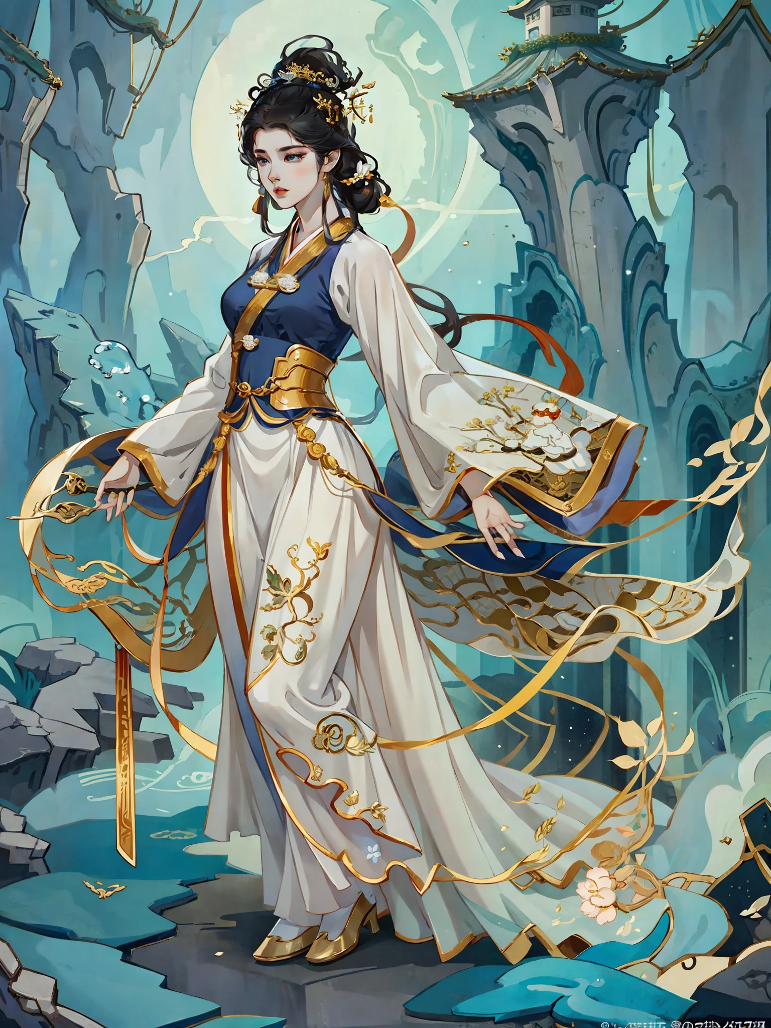 un gros plan d&#39;une femme vêtue d&#39;une robe blanche avec une épée, full body Xianxia, Yun Ling, reine de la mer Mu Yanling, Jeu CG, une belle impératrice fantastique, inspiré par Li Mei-Shu, tendance sur cgstation, Xianxia fantasy, Xianxia, Inspiré par Lan Ying, Xianxia hero, le qi --auto --s2