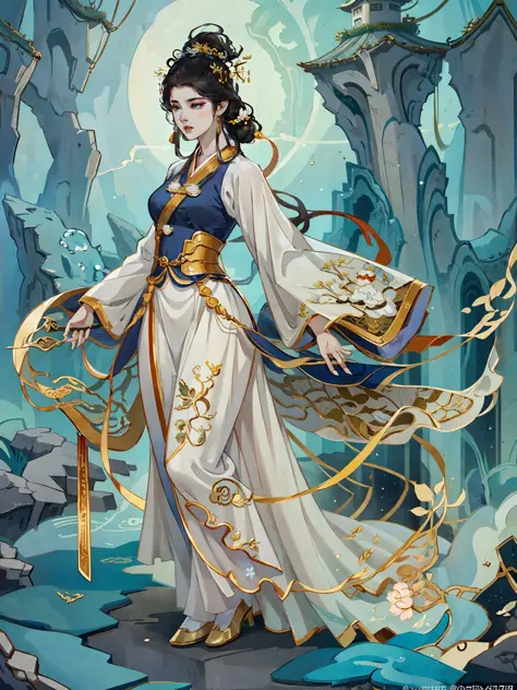 a close up of a woman in a white dress with a sword, full body xianxia, yun ling, queen of the sea mu yanling, game cg, a beauti...