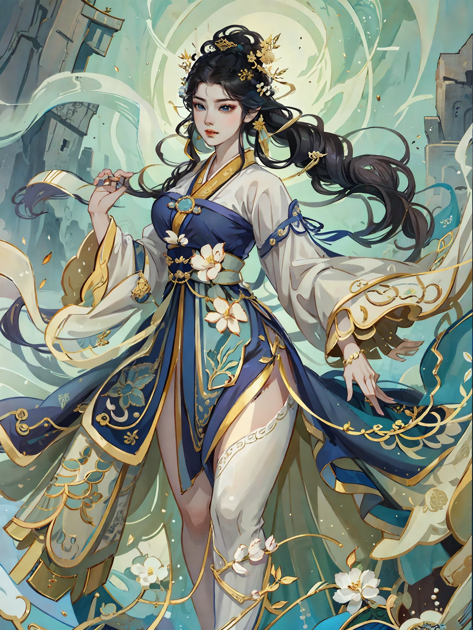 穿著白色洋裝、拿著劍的女人的特寫, full body Xianxia, yun ling, 海之女王穆雁翎, 遊戲CG, 美麗的幻想皇后, 靈感來自李梅樹, cgstation 上的熱門話題, Xianxia fantasy, Xianxia, 靈感來自蘭英, Xianxia hero, 氣--auto--s2