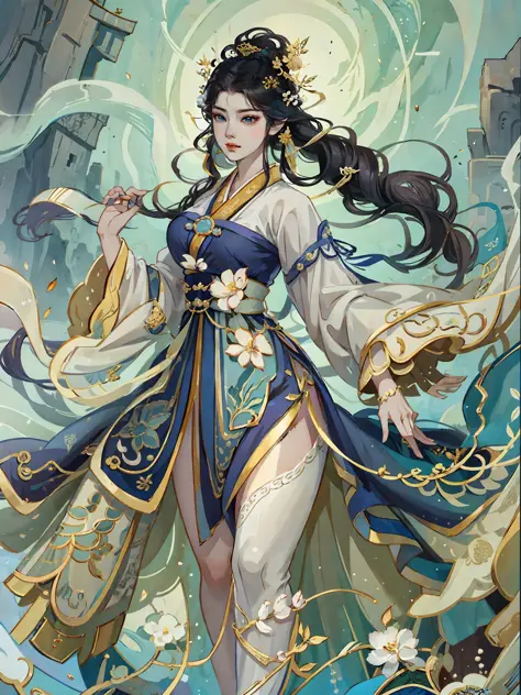 a close up of a woman in a white dress with a sword, full body xianxia, yun ling, queen of the sea mu yanling, game cg, a beauti...