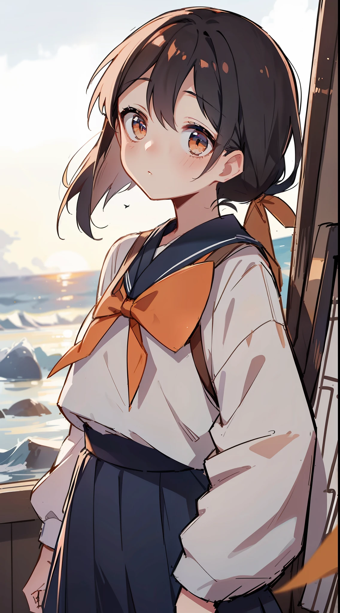 1 girl, standing back to the viewer, facing at the sky, orange blue sky, perfect sky condition, kimi no nawa sky, sunset sky, detailed japanese high school uniform, detailed sky, stars in thr sky, ocean, 8k, medium sized , high school girl