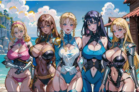 (masterpiece), maximum quality, (80s Anime Style:1.5), (5 girls, group shot:1.4), (slim body:1.1), (huge tits:1.5), (dark skin:1.1), (muscles:1.1), blonde hair, silver hair, twin tails, braid, forehead, (open mouth, happy smile:1.1), (wink:1.2), (jewelry, ...
