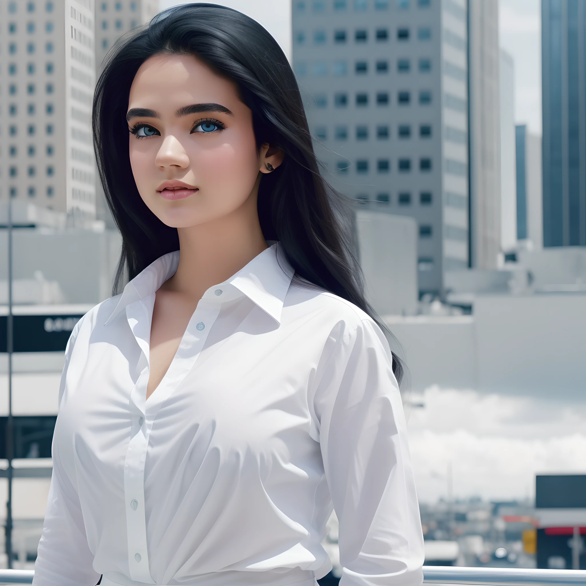 Beautiful woman black hair blue eyes and white shirt, city background