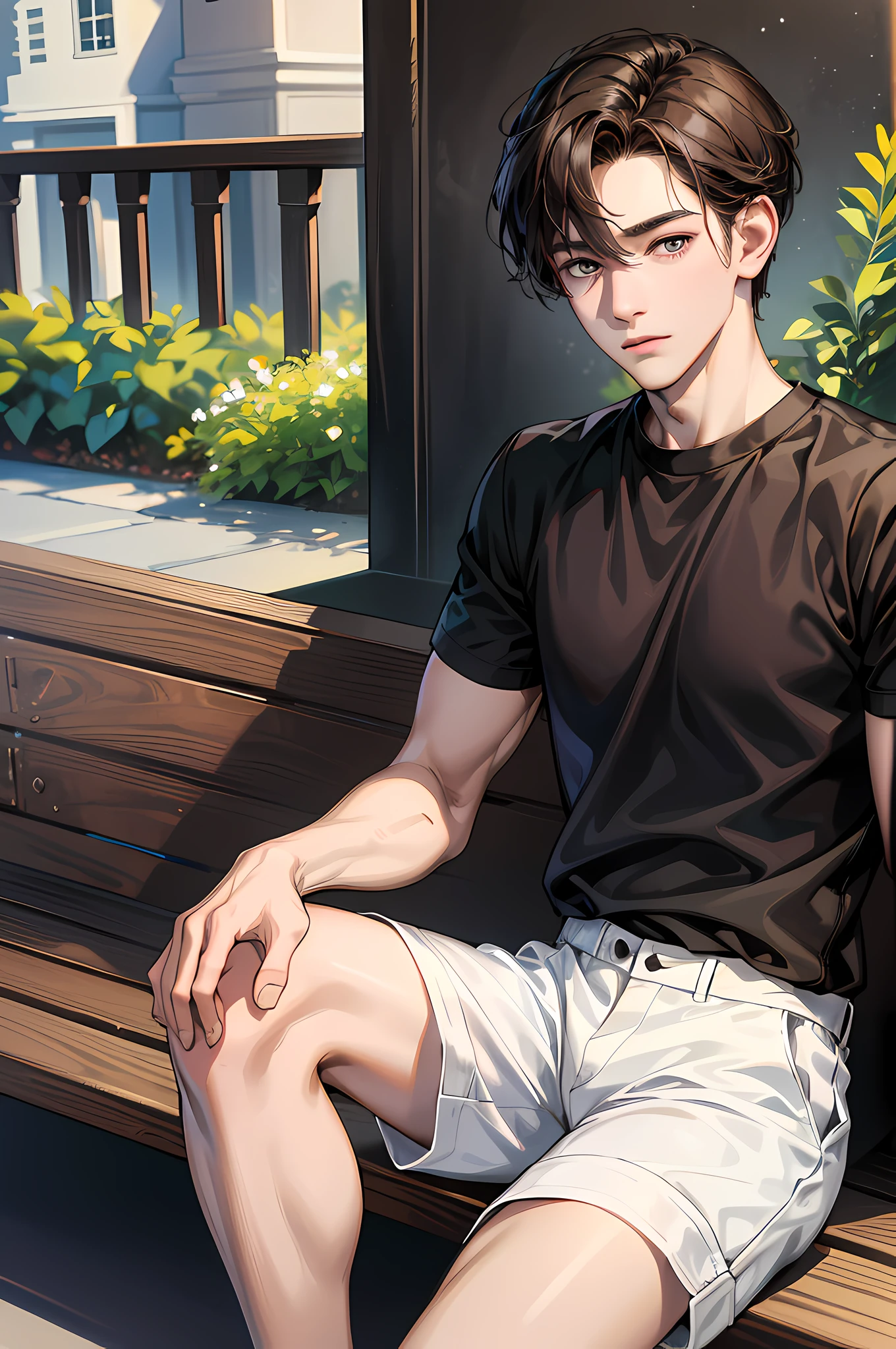 (absurdres, highres, ultra detailed, HDR), masterpiece, best quality, 1boy, solo, handsome, dark brown hair, finely eye and detailed face, black shirt, white shorts, (pale and white skin), look at viewer, ear piecing, sitting on bench, sit cross legged, park in background