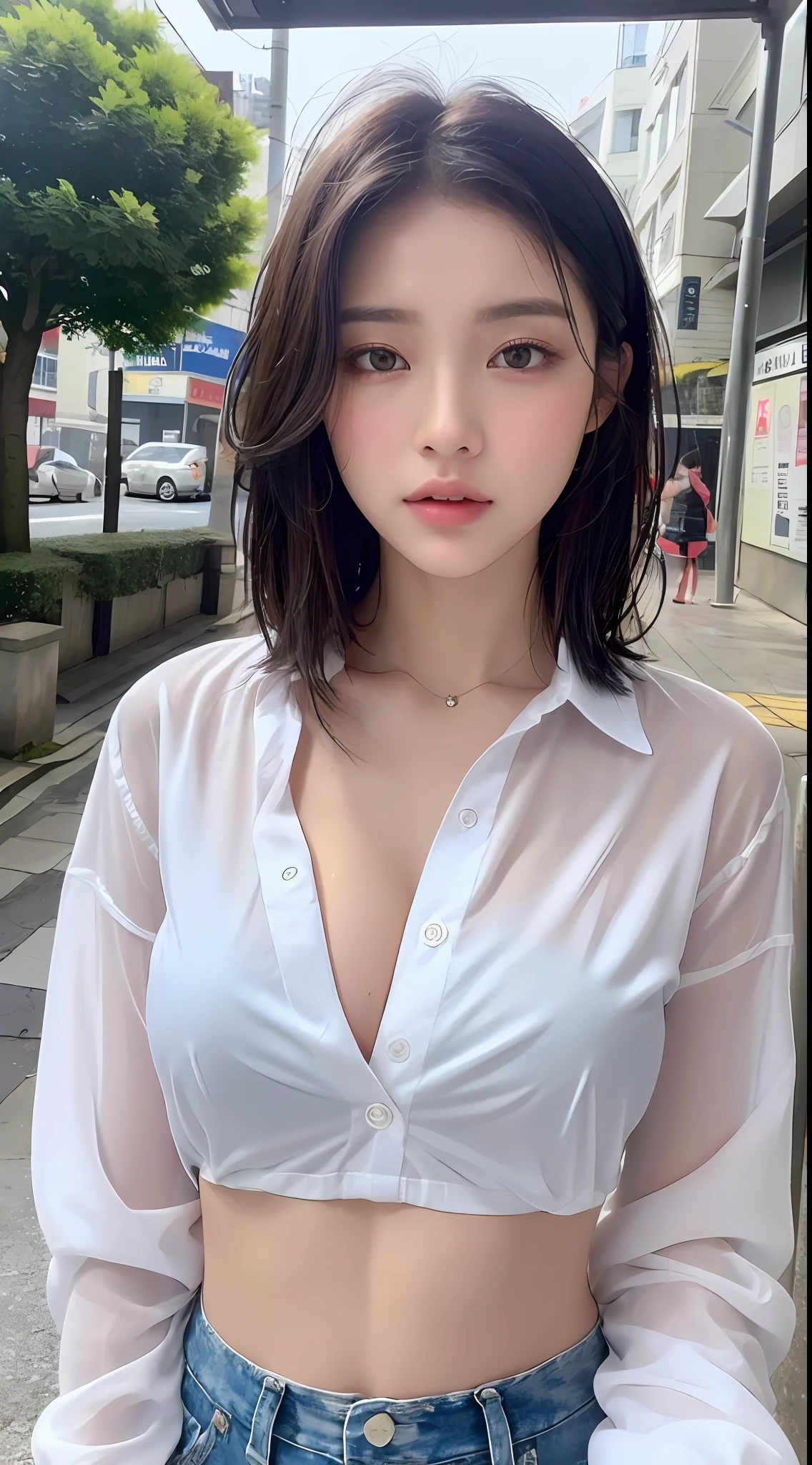 ((Best Quality, 8K, Masterpiece: 1.3)), Sharp: 1.2, Perfect Body Beauty: 1.4, Slim Abs: 1.2, ((Layered Hairstyle, Big Breasts: 1.2)), (Wet White Button Long Shirt: 1.1), (Rain, Street: 1.2), Wet: 1.5, Highly Detailed Face and Skin Texture, Detailed Eyes, Double Eyelids, Looking at the Camera