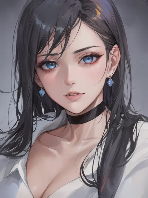 "(cartoon, painting style) portraying a mature woman wearing a masculine white button up and black formal pants, fancy earrings, light blue eyes, choker short wavy black hair in a portrait, close-up, succulent defined lips, defined neck, looking at the vie...