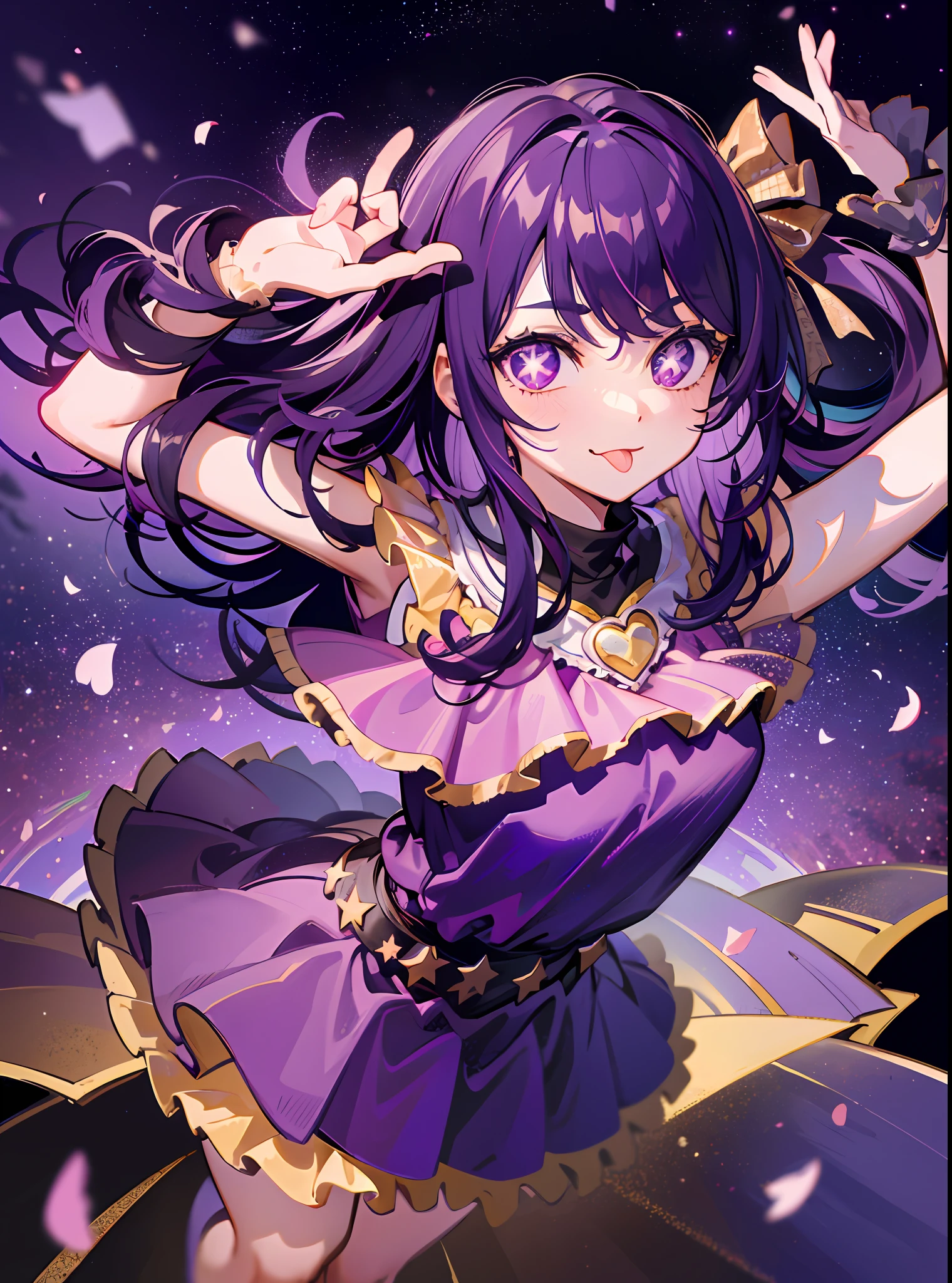 1girl, full body, cowboy shot,
(Rembrandt), illustration, (masterpiece), (best quality), (ultra_detailed), finely detail, (Depth of field),
HshinoAi,gloves, tongue out, tongue, long hair, star \(symbol\), looking at viewer, (purple hair:1.2), purple eyes, upper body, hair ornament, :p, frills, pink shirt, smile, sleeveless, shirt, idol, symbol-shaped pupils, hands up, bangs, one side up, star-shaped pupils, arms up, Hoshino AI pose 
dress pull,
Roaring Twenties, isometric, from above, sky, flower, cliff,