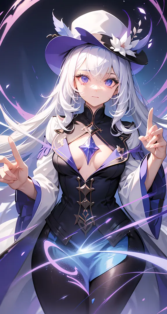 A teenage girl, single person, Medium-sized chest, white hair, Wears a magician hat, Purple eye, Staff in hand, combat posture, Magic effects, Light effect, Exquisite blue sky, Robe, cinematic lighting, ray tracing, high details, best quality, ccurate, ana...