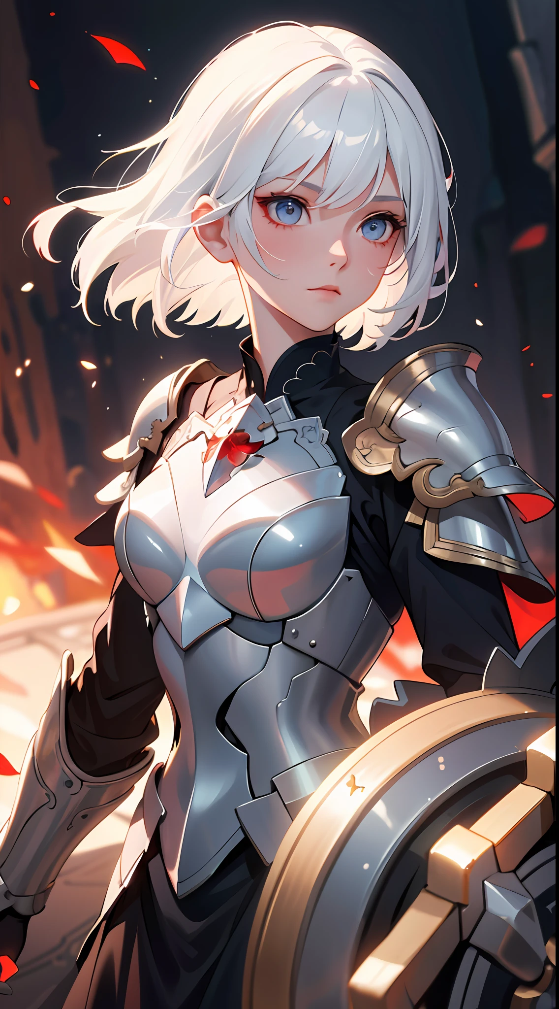 (best quality), (masterpiece), 1 girl, upper body, detailed eyes, detailed armor, hiqcgbody, medium chest, white hair, eye color-red, perfect face, fantasy background, depth of field, look at the viewer, motion blur ,