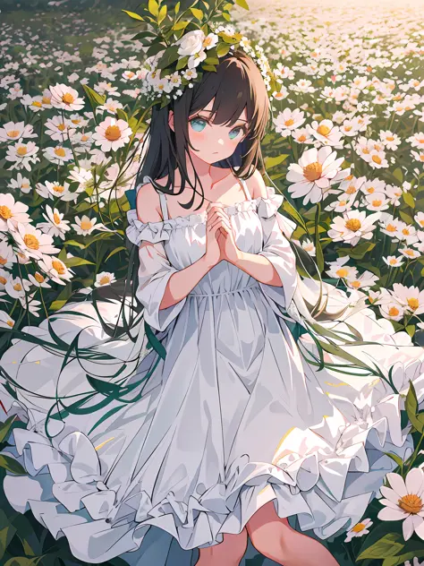 Masterpiece, best quality, girl in soft clothes, girl looking at the endless flower field