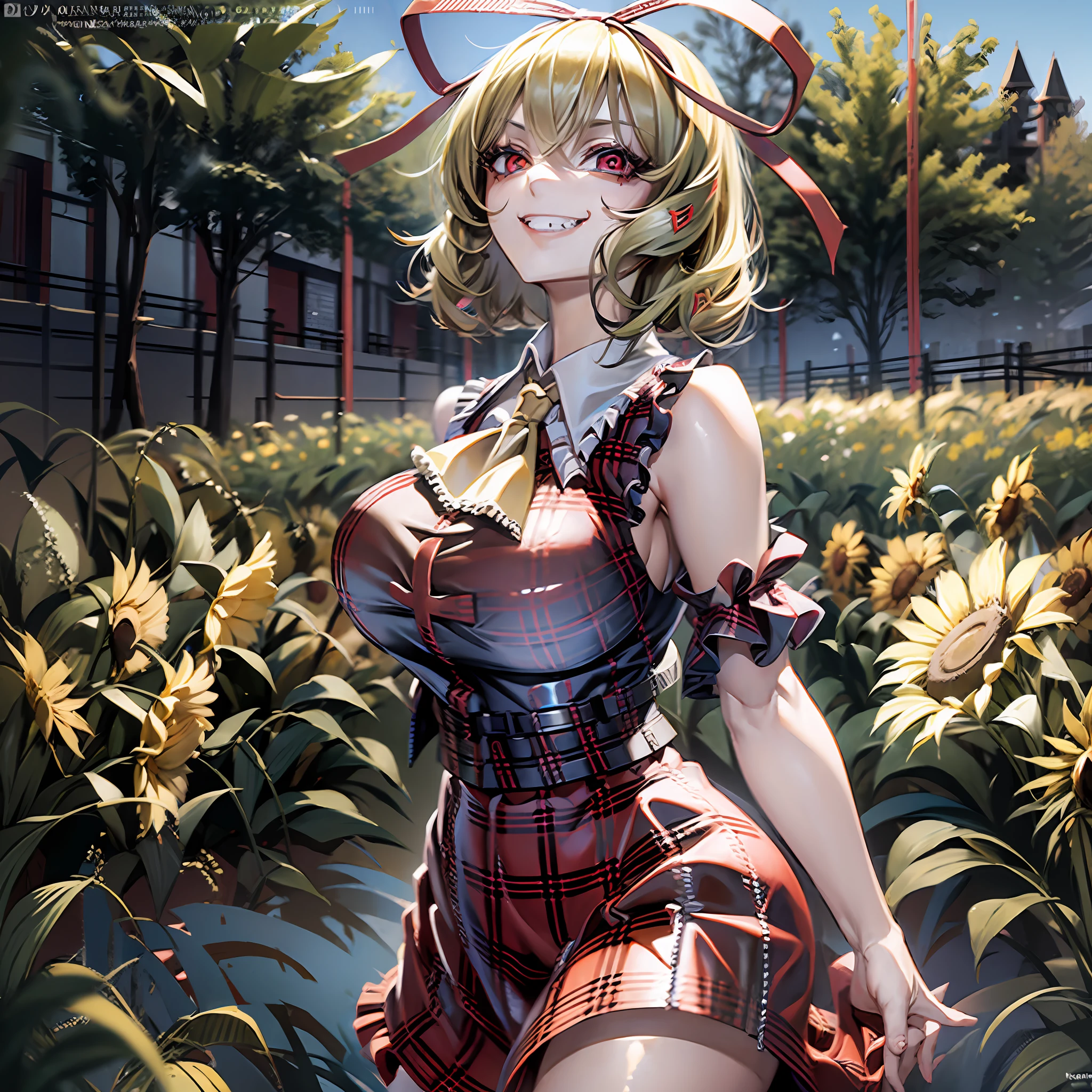 2girls, (Medicine Melancholy, blonde hair, short hair, wavy hair, silver-blue eyes, thick eyelashes, red ribbon, red bow, black shirt, red skirt, evil grin), (Kazami Yuuka, red eyes, green hair, short hair, smirk, evil grin, plaid vest, plaid skirt) sunflower field, huge breasts, huge ass, thick thighs, wide hips, looking at the viewer,