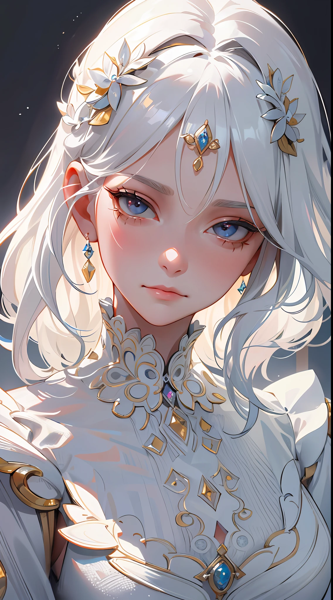 (extremely delicate and beautiful:1.2), 8k,(masterpiece:1.0),(best_quality:1.0), 1girl, mature woman, complex details, enlarged textures, complex details, finely detailed eyes and detailed face, intricate details, white hair, (closed mouth), perfect eyes, equal eyes, (goddess)