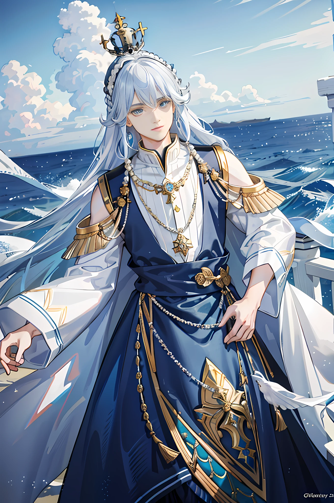 (((Extreme picture quality, Superb male god)), (Crown on white background, necklace, pearls, jewelry, shoulder exposure, lots of details), (The only male protagonist's upper body, intoxicating and chic seascape AND sea boats, fish), ((long blue curly hair, navy blue, blue eyes), blue gorgeous hair ornament blessing, dreamy and mysterious), fantasy dance with [cinematic lens, strong large light and shadow effect: 1.2, vivid glow effect]).