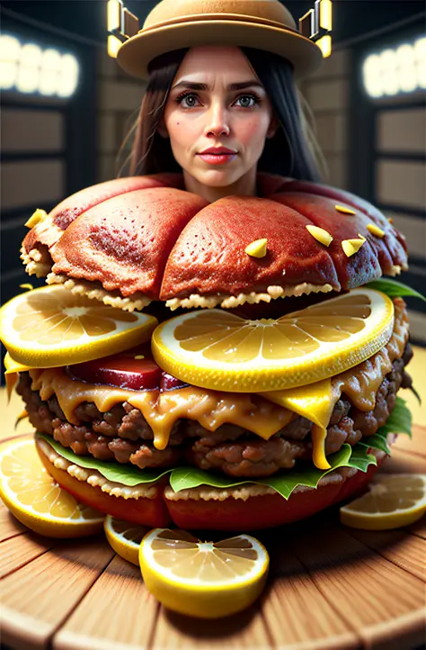 (best quality), (Octane rendering), (unreal engine), (extremely high details), (hamburger patty), (1 woman), (over 30 years), (overweight), (symmetrical fruity with lemon flavor).
