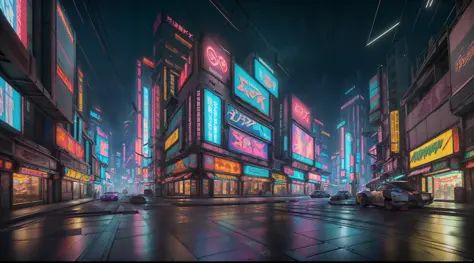 ((Best Quality)), ((Masterpiece)), (Highly Detailed: 1.3), 3D, Detailed Street Scene of a Neon-Lit Mega City (cyberpunk:1.4), Imposing Buildings, Detailed Shops, Futuristic Technology, HDR (High Dynamic Range), Ray Tracing, NVIDIA RTX, Super-Resolution, Un...