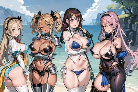 (masterpiece), maximum quality,  (80s Anime Style:1.4), (5 girls, group shot:1.4), (slim body:1.1), (huge tits:1.5), (dark skin:1.1), (muscles:1.1), blonde hair, silver hair, twin tails, braid, forehead, (open mouth, happy smile:1.1), (wink:1.2), (jewelry,...