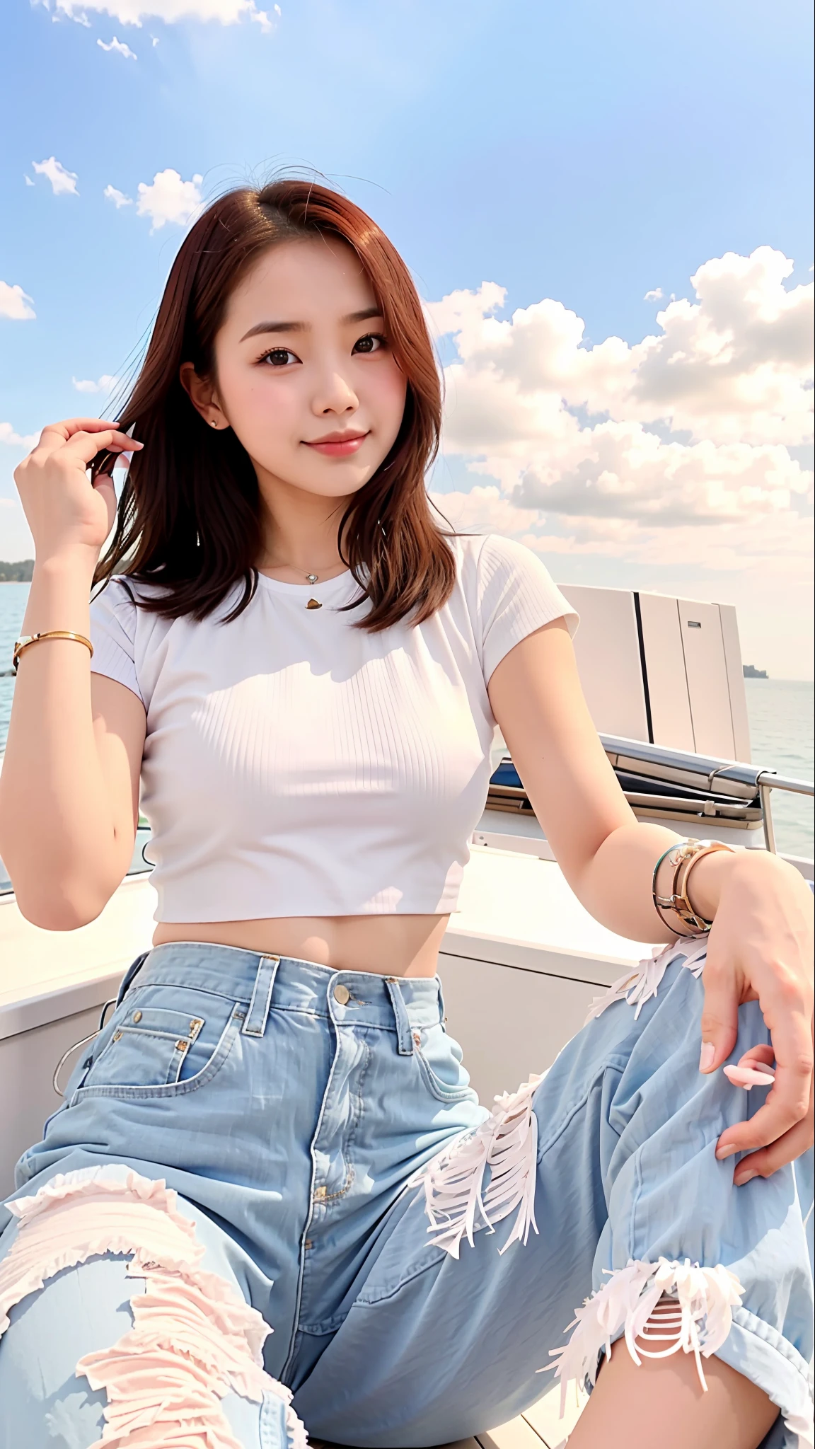 17-year-old cool Korean, big round breasts, cleavage, cropped tank top,  skirt - SeaArt AI