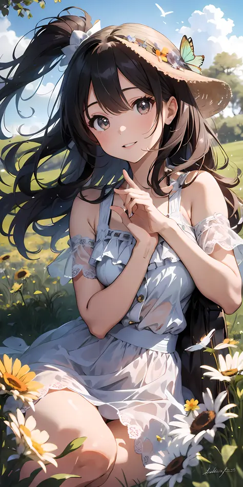 High Detail, Ultra Detail, Ultra High Resolution A beautiful 26 year old woman is enjoying her time in an open field, surrounded by the beauty of nature, with the warm sun shining on her and wild flowers swaying gently in the breeze. Butterflies and birds ...