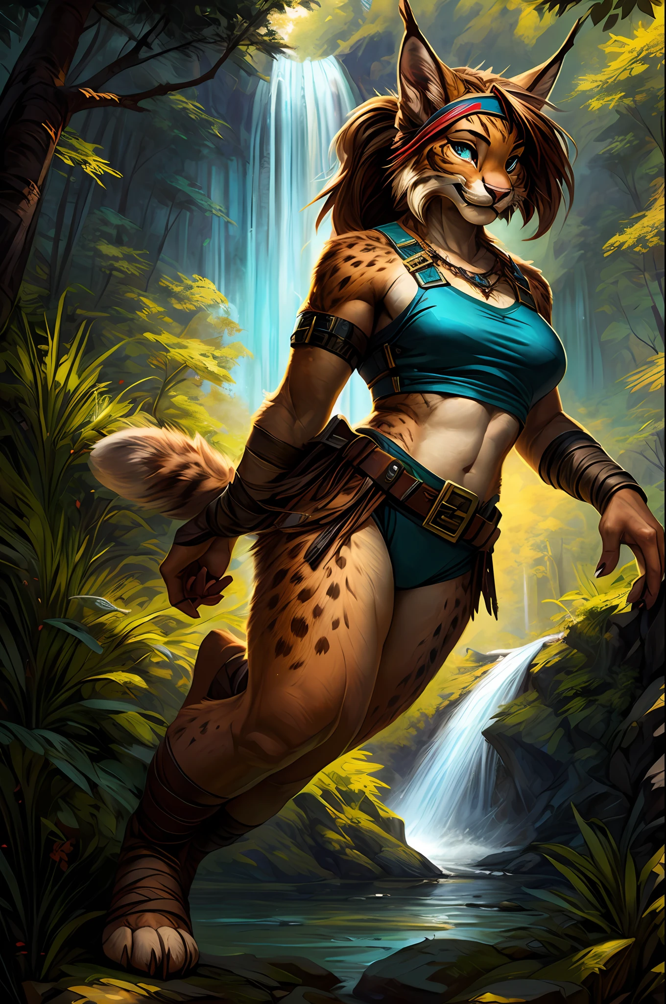 A woman in a blue top and leopard costume running through a jungle - SeaArt  AI