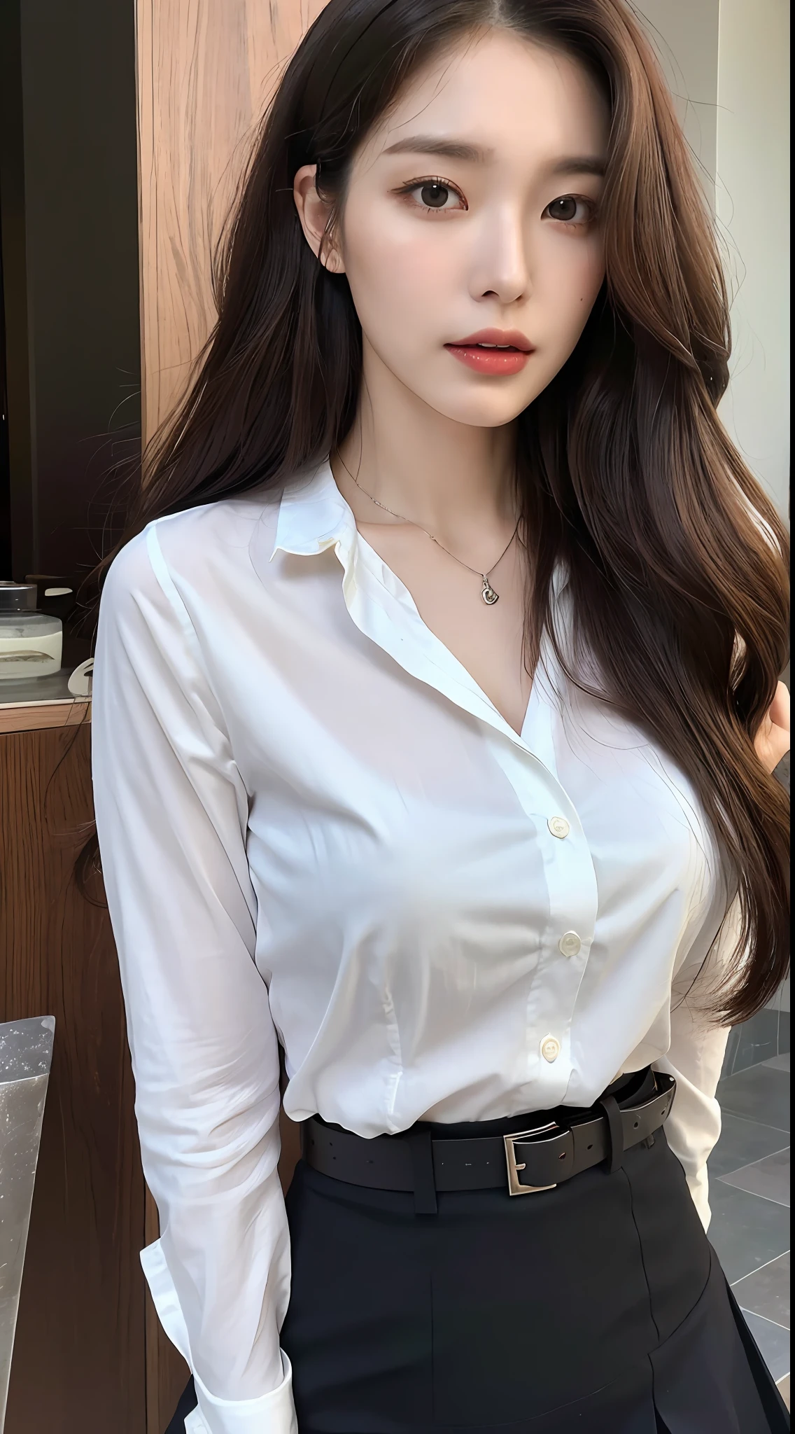 (Best quality, High resolution, Masterpiece :1.3), A tall and pretty woman, Slender abs, Dark brown hair styled in loose waves, Breasts, Wearing pendant, White button up shirt, Belt, Black skirt, (Modern architecture in background), Details exquisitely rendered in the face and skin texture, Detailed eyes, Double eyelid