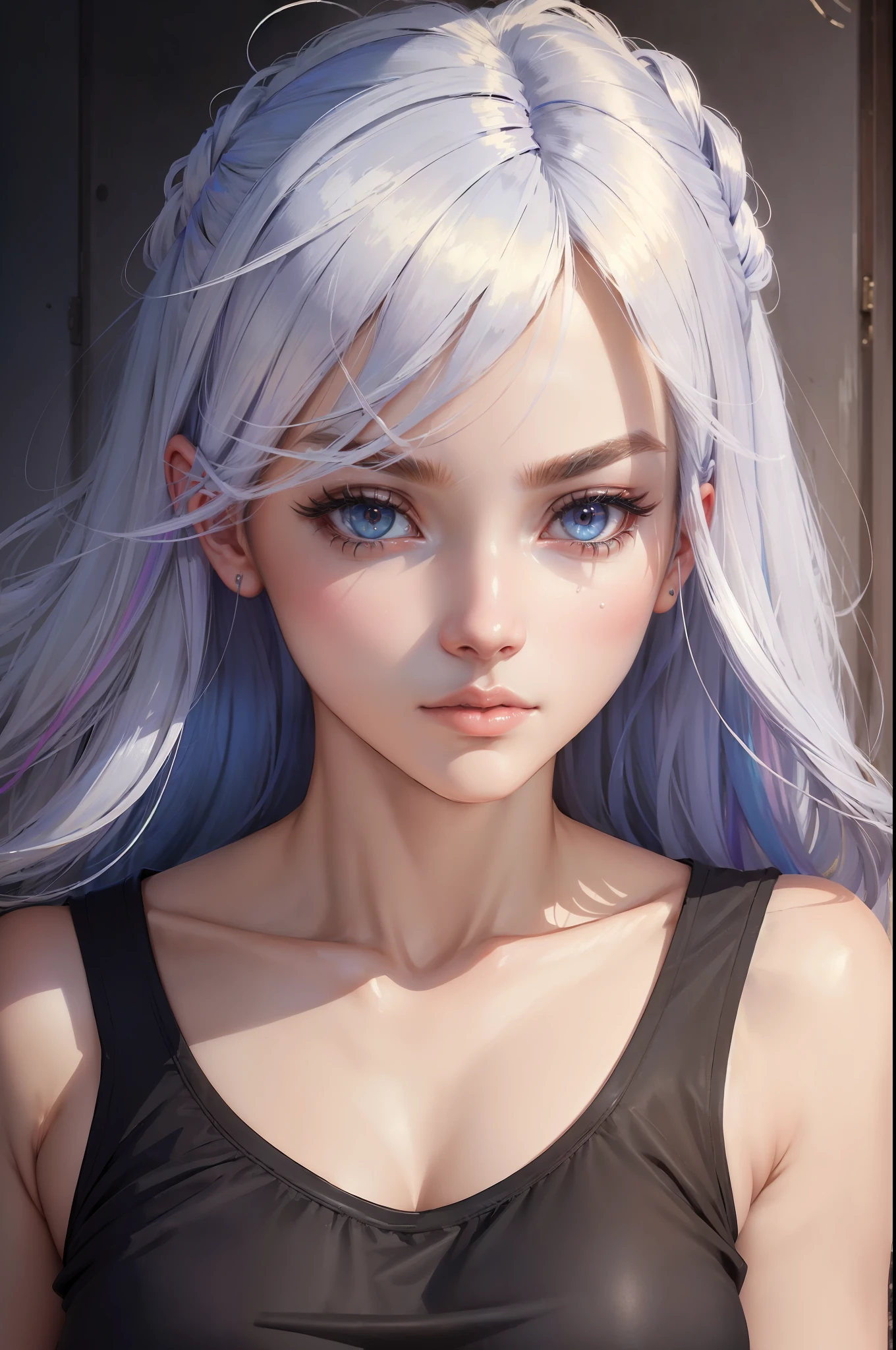 ((high quality, masterpiece:1.4)), 1girl, upper body, gym clothes, white hair, rainbow colored hair, gradient hair, pretty face, beautiful face, beautiful eyes, beautiful girl, pretty girl, perfect facial shape, absurdres, realistic proportions, dynamic pose, high details, intricate, intricate details, realistic eyes, realistic eye proportions, sharp focus, 32k, realistic lighting, extreme details, realistic pupils, realistic proportion eyes, realistic proportions pupils, realistic shadows, evafie